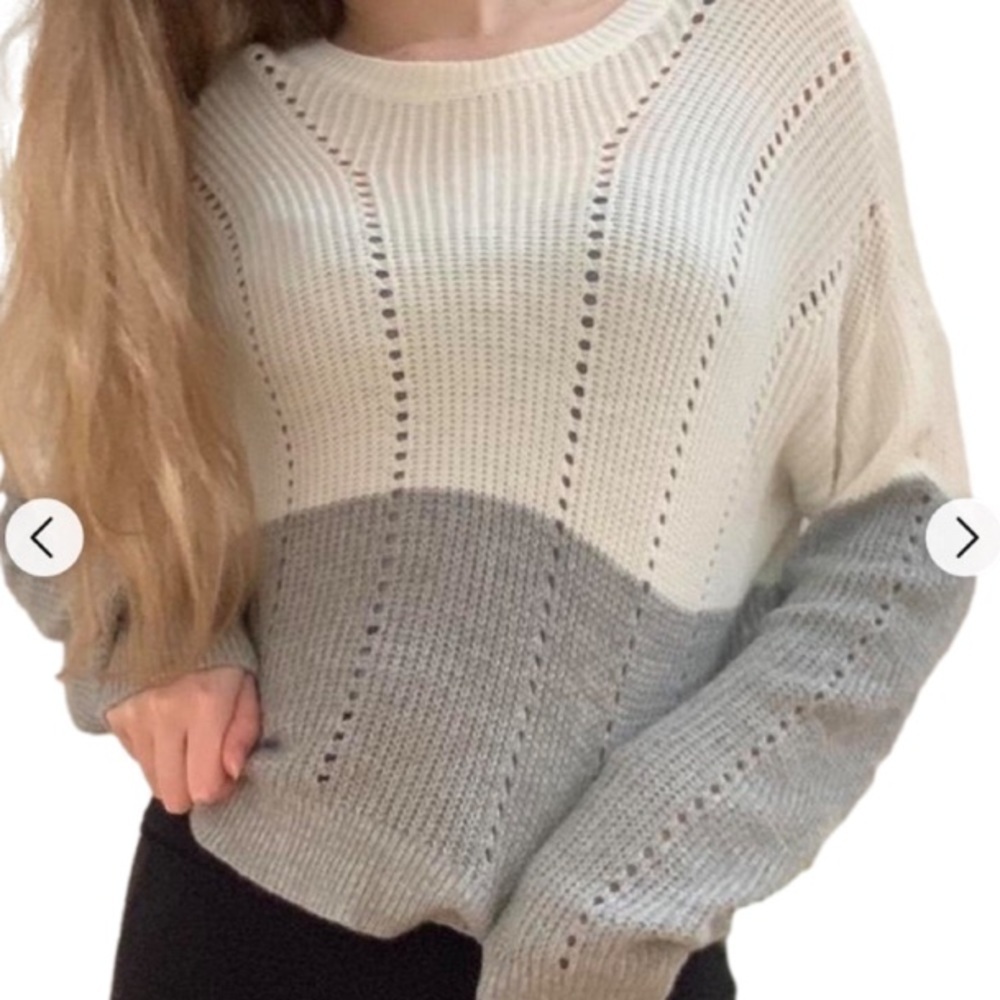 GARAGE Boxy Drop Shoulder Knit Crewneck Crop Sweater, White/Grey, Women's Size M